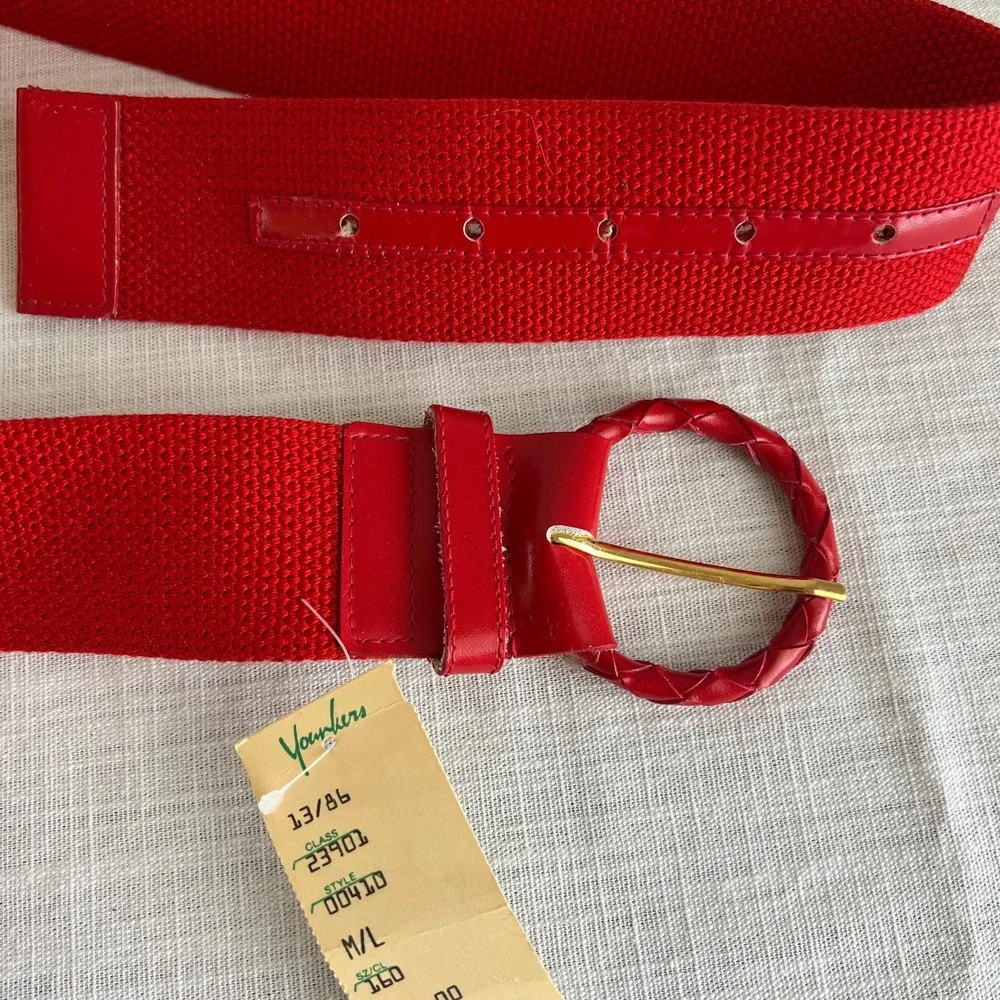 Vintage Red Woven Canvas Belt Braided Leather Buckle 70s‎ 80s